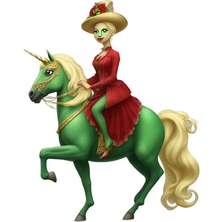 "galora green blonde alien woman" in red Victorian elegant dress, full body, rides unicorn gold
(NO WOKE)
 emoji
