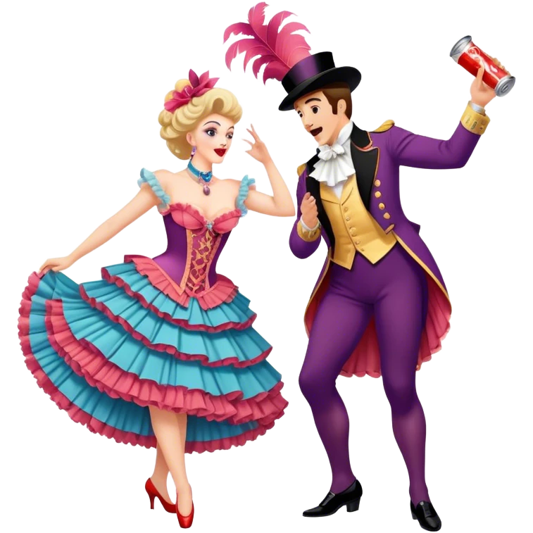 Cinematic Realistic scene of two performers executing a high‑energy Can‑Can, adorned in elaborate French cabaret costumes with frilly layers and dynamic movement, illuminated by vibrant stage lighting emoji