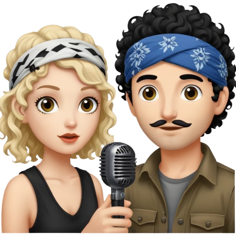 beautiful pale girl with black hair next to bug eyed tanned skin homeless man with bandana and curly hair whose holding microphone emoji