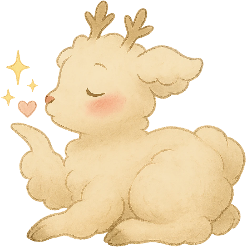 Make the vanilla-colored cloud doe appear curled up, with rosy cheeks, blowing a kiss with sparkles, in a soft Ghibli style, with no background. emoji