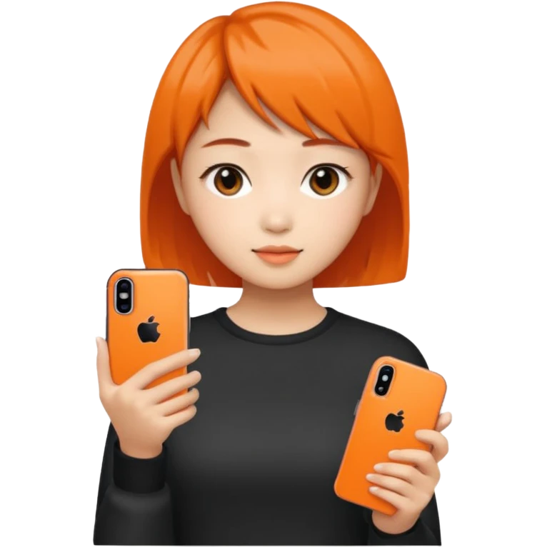 Asian girl with short hair girl holding iphone 17 pro orange emoji