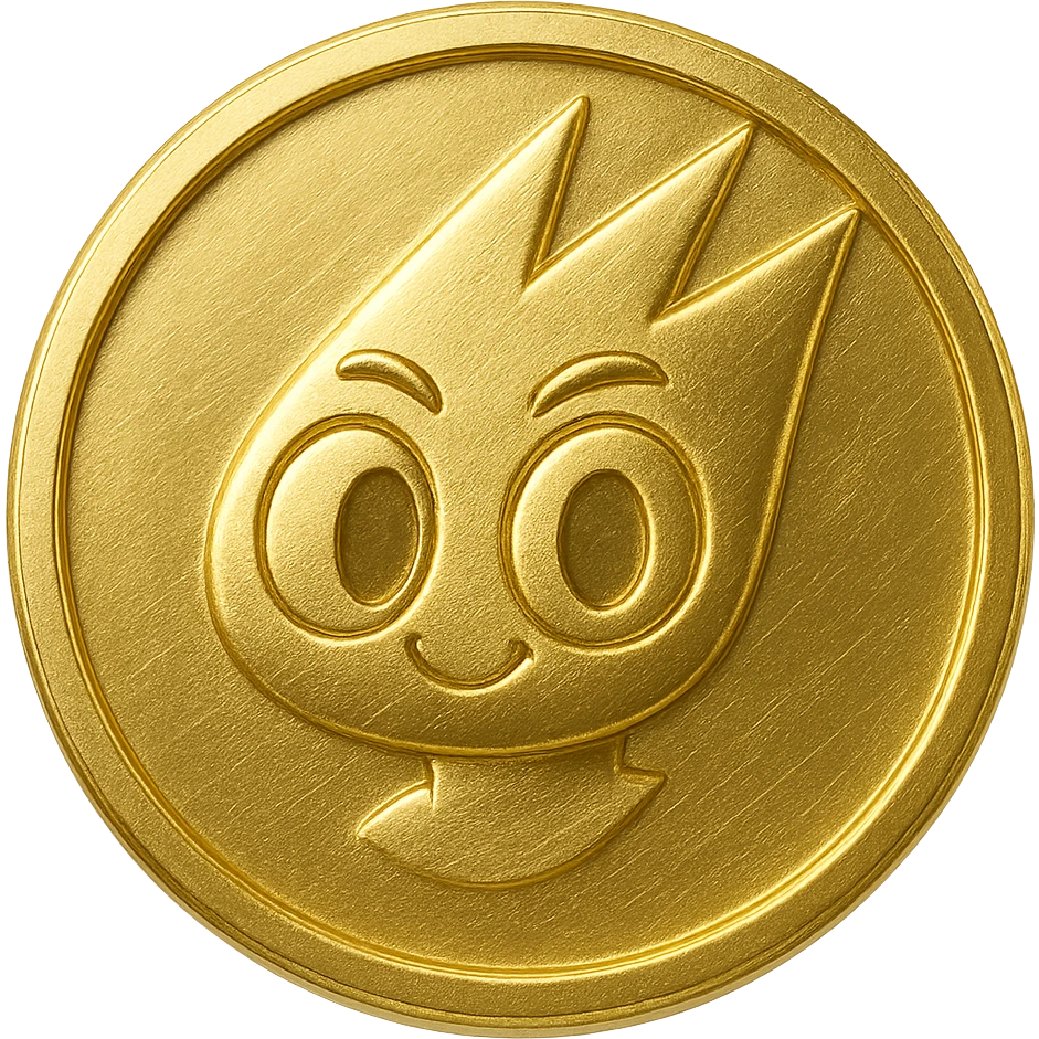 Create a simple flat gold coin with a thin rim and transparent background, no shadows. The coin features only the mascot's head from the provided image, centered and in gold color. No neck or extra details, just the head. emoji