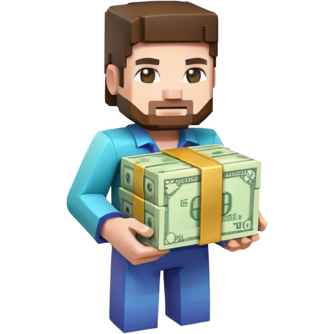 emoji style icon, minecraft blocky character holding a stack of money, pixel art style, bright colors, simple background, 3D glossy emoji, centered composition, soft shadow, high detail, clean outline, white background emoji