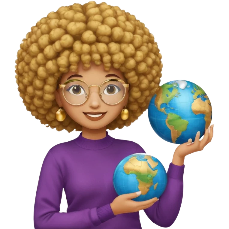 a young woman wearing gold round glasses and afro hair, she has medium/mate skin, she's wearing a sweater and she's holding a globe in her hand emoji