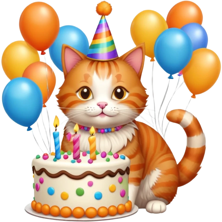 Ginger cat celebrates birthday, birthday hat, birthday cake, balloons, happy, gifts emoji