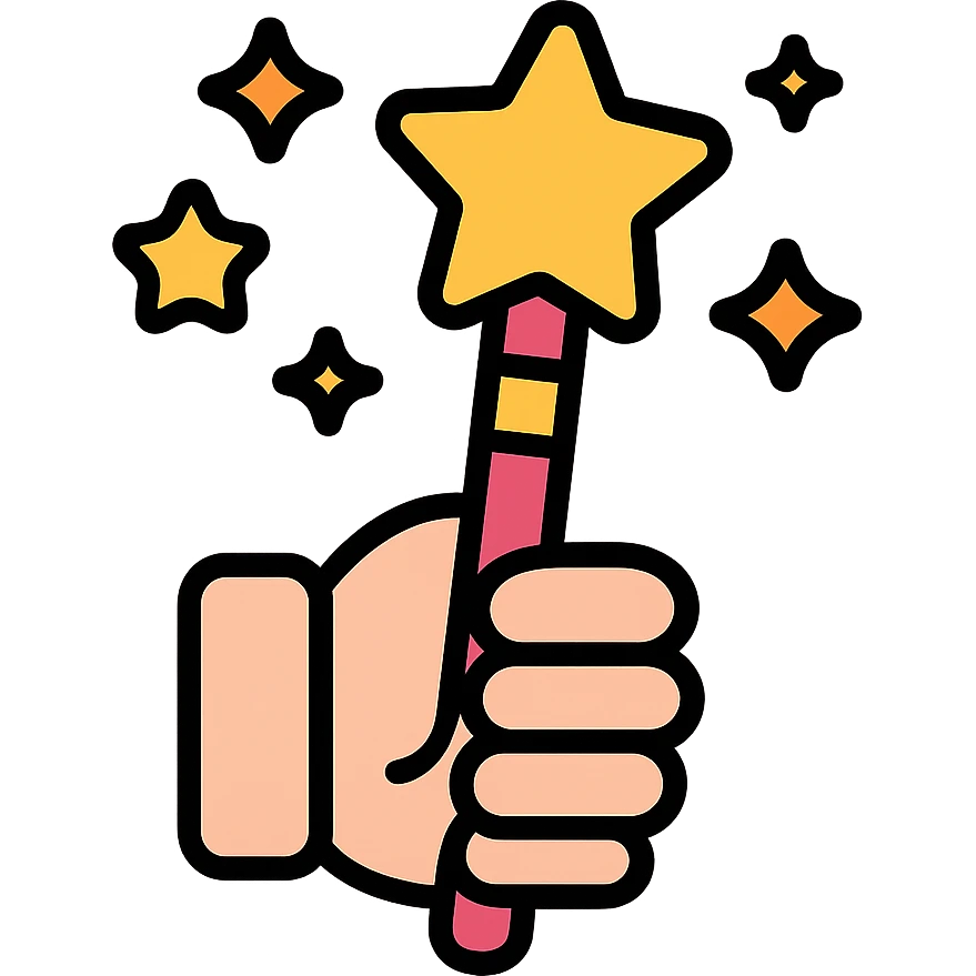 colorful magic wand gripped by a cute hand, stars floating around, kawaii icon style emoji