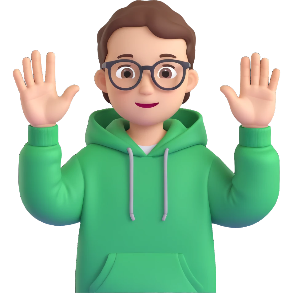 kid holding an iPad, child with glasses, green hoodie, waving with one hand emoji
