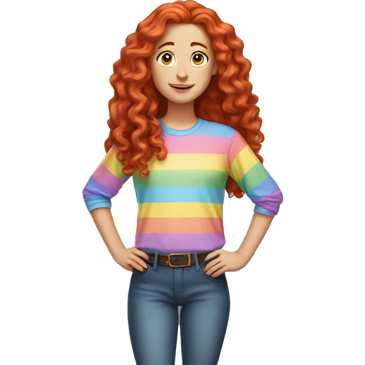 white girl with long red curly hair, wearing a pastel rainbow shirt doing a pose emoji