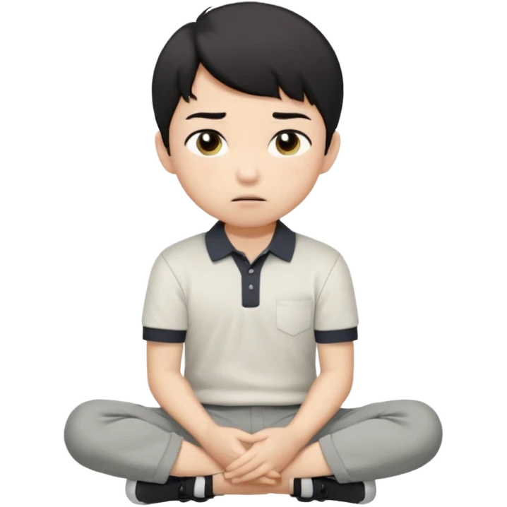A cartoon young Asian boy with short black hair, light beige skin, and large expressive eyes, wearing a white polo shirt, gray pants, and black shoes. He sits cross-legged on the ground, one fist resting on his cheek, with a closed-mouth smirk. Clean lines, flat colors, solid black background. emoji