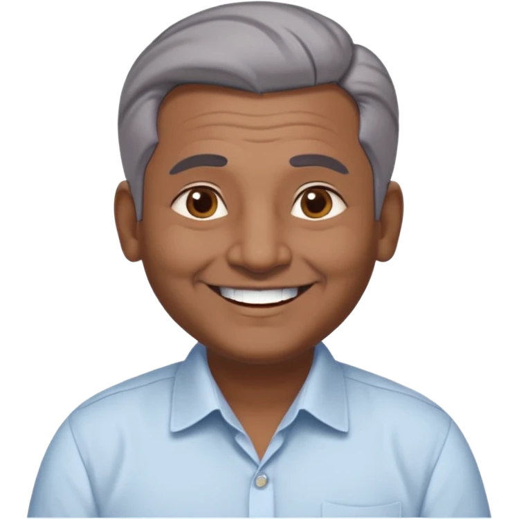50 yr old indian man, dark skin, grey hair, big smile, white teeth, chubby, no moustache, clean shaven, young style hair, hair brushed back, 5 oclock shadow, bindy, dress shirt, forehead dot, chubby emoji
