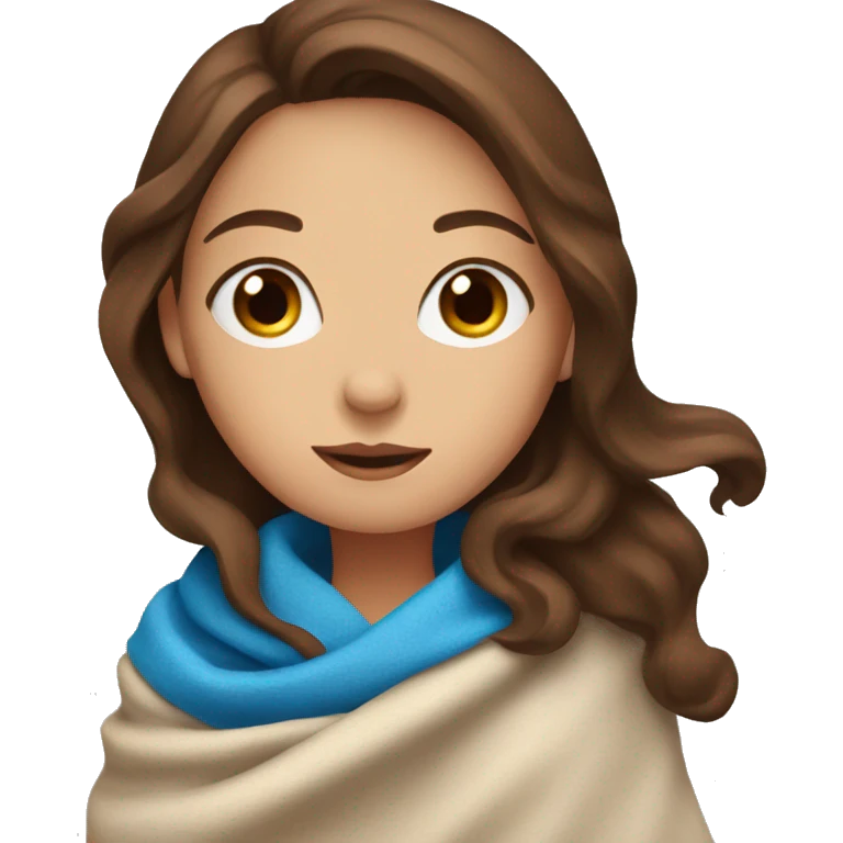 A woman with blue eyes and brown hair has a blanket emoji