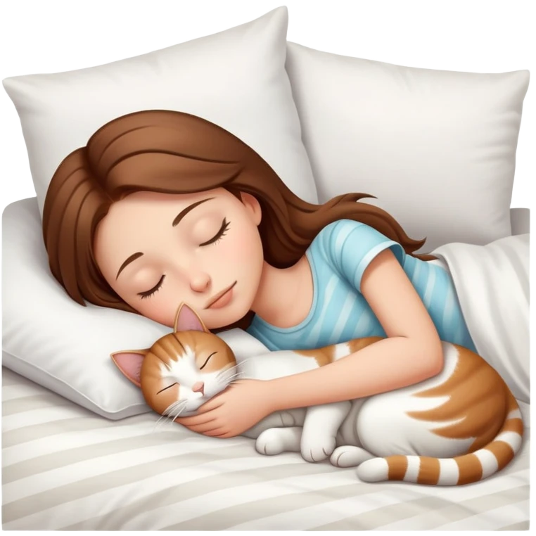 side view brown haired teenage girl sleeping with white cat that has beige stripes on a white pillow with white sheets emoji