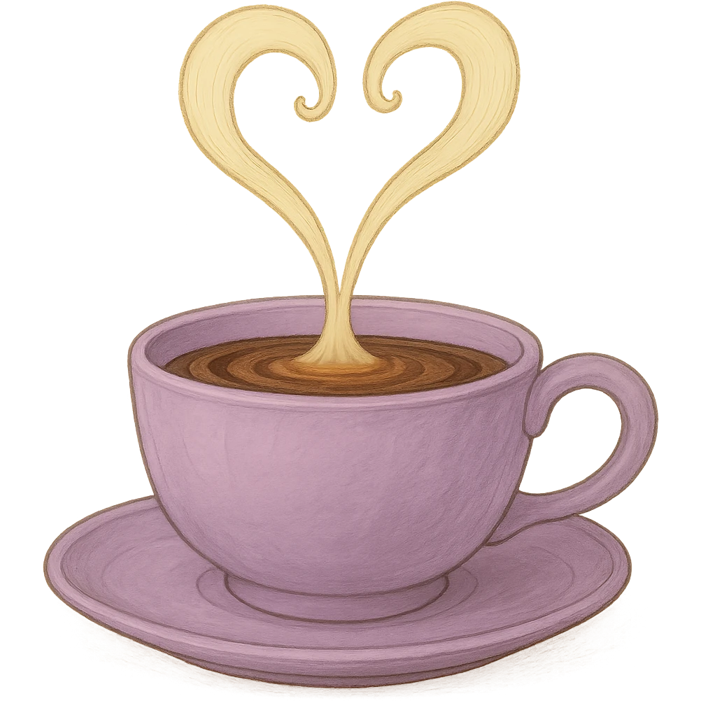 Change the pink mocha with steam forming a heart to lavender, keep it cute and inviting in Ghibli style, with no background. emoji
