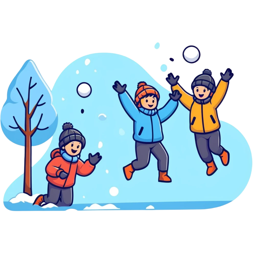 kids playing a snowball fight outdoors, energetic, winter clothing emoji