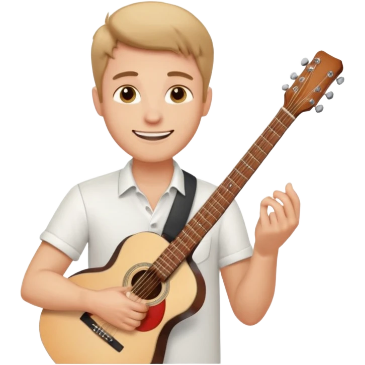 male memoji, man in a white shirt, holding a guitar, dreamy smile emoji