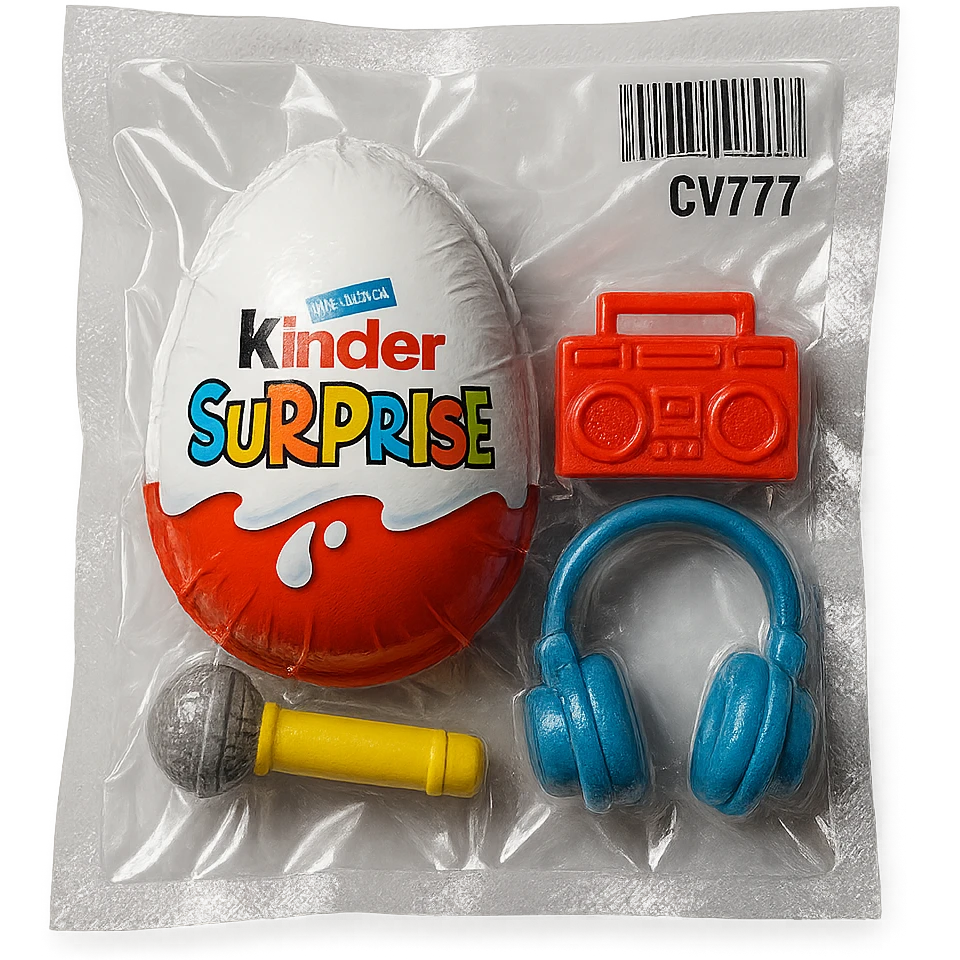 Kinder Surprise egg with standard wrapper next to toys: microphone, boombox, headphones, glossy vacuum-sealed style emoji