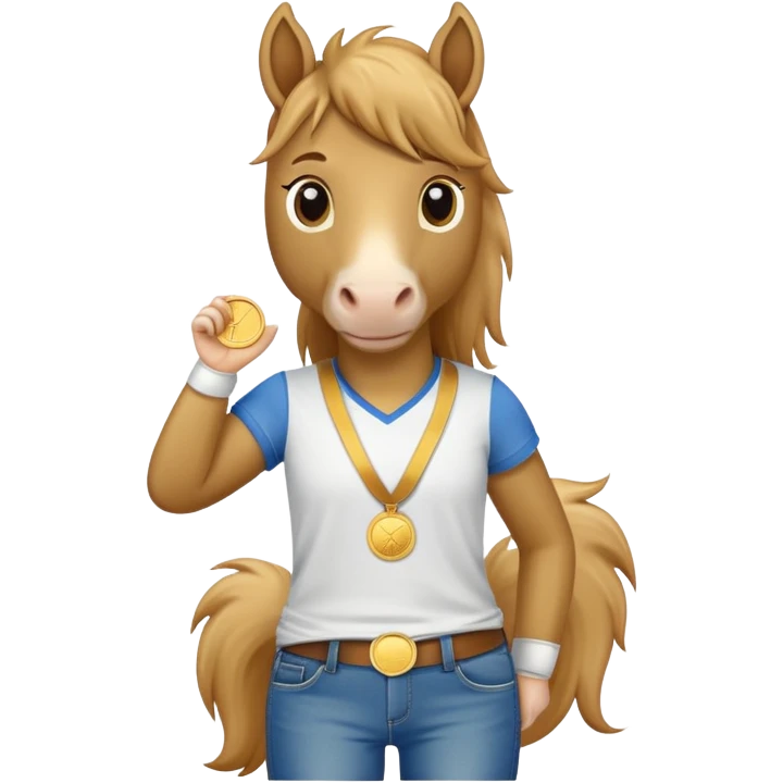 anthropomorphised horse wearing jeans, a t-shirt, and a gold medal emoji