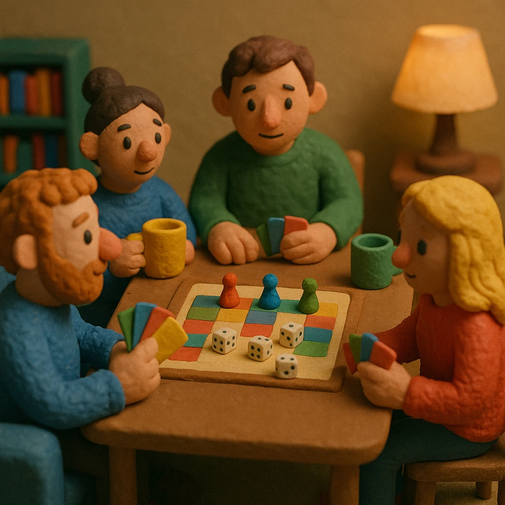 game night scene with cozy vibes emoji