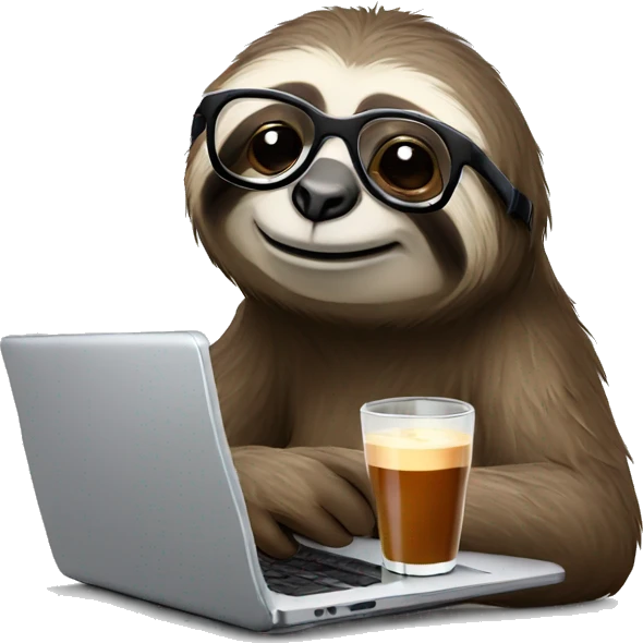 tired sloth wearing glasses with laptop and espresso tonic emoji