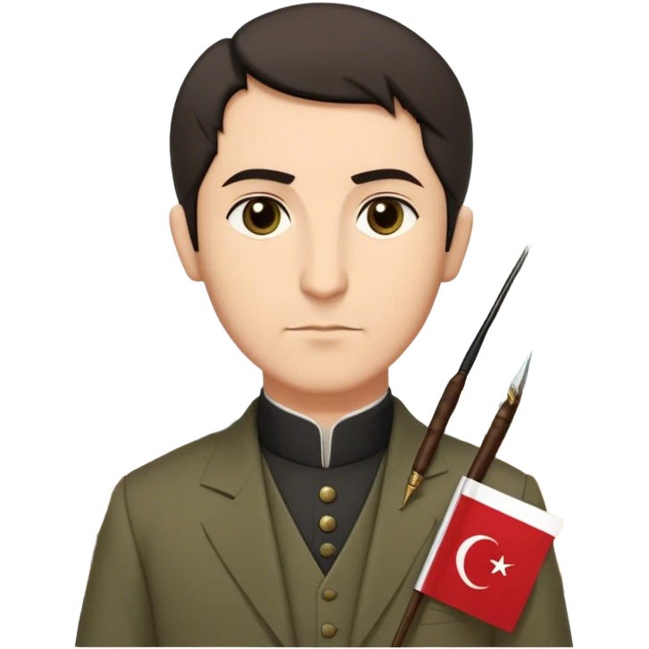 "A dignified historical poet with short dark hair but white strands at the nape of his neck, no mustache, wearing an Ottoman-era suit, holding a quill and paper, with the Turkish flag in the background, a mosque silhouette behind him, and a determined expression on his face. No hat." emoji