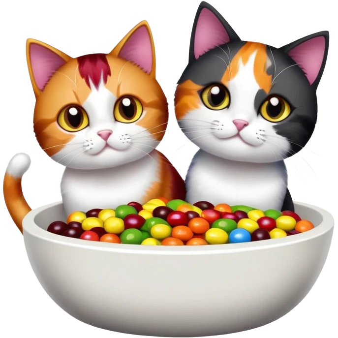 Two cats and a fabric bowl one named Iron Man and another one named skittles who is a black and white cat with skittles all over him emoji
