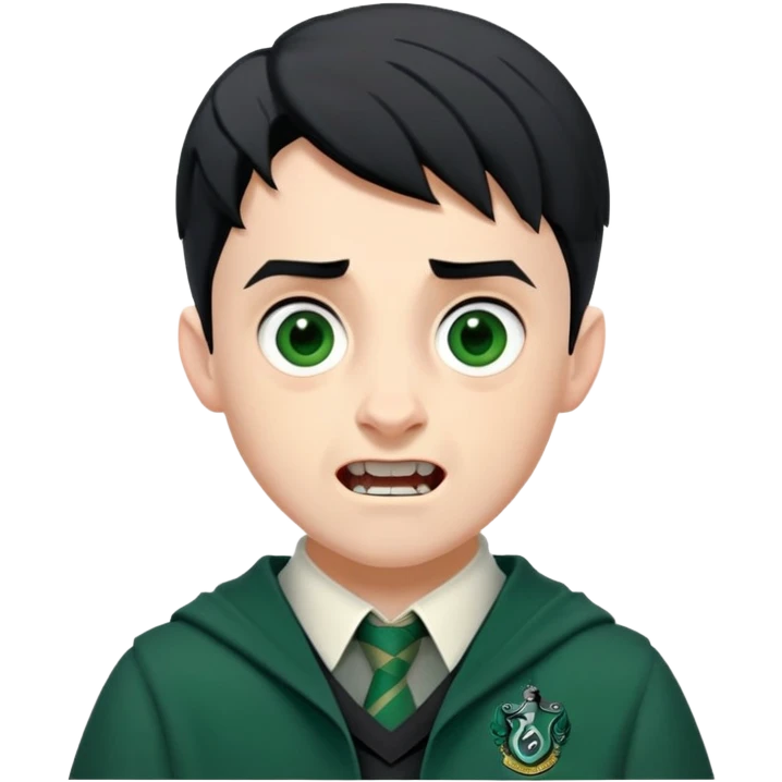 Jamie Yeates is Marcus Flint in harry potter, wear hogwarts slytherin uniform, short black hair, bulky face, often grimacing and showing teeth growl menacingly emoji