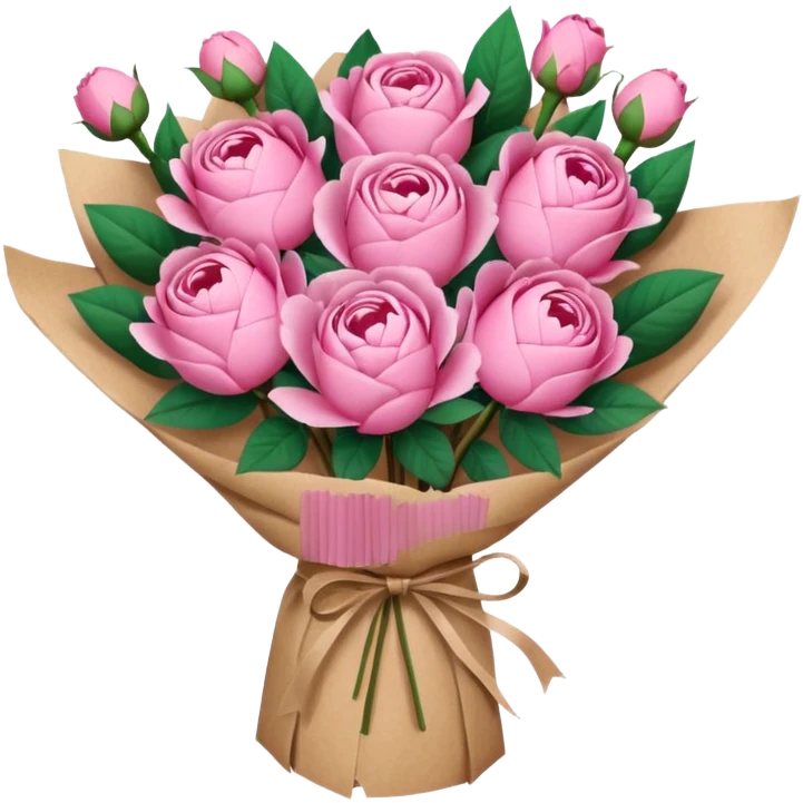 Bouquet of pink flower like rose and peony wrapped in kraft paper emoji