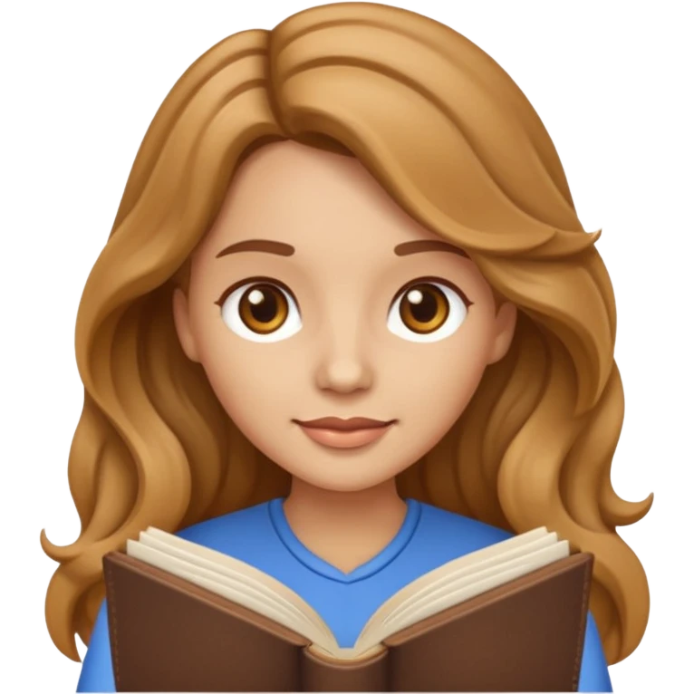 vector style emoji of a woman with long light brown wavy hair, light brown eyes, holding and reading an open book emoji