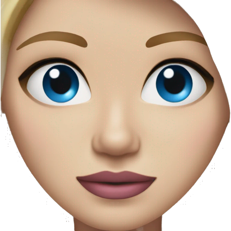 a woman with freckles, blue eyes, light skin, blonde hair and dark roots, pink lips. black clothes. emoji
