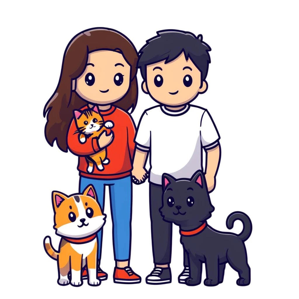 A girl with long brown hair holding the hand of a boy with black hair, both dressed in black, holding a cat and dog emoji