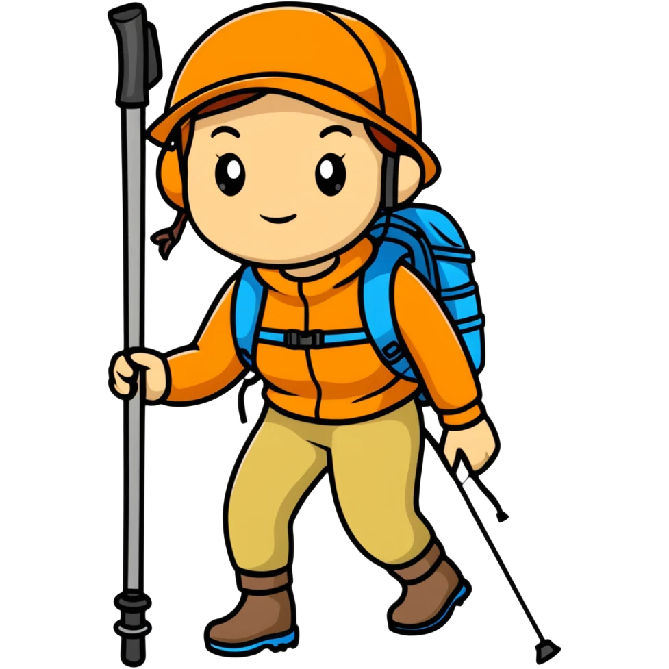 female mountain climber with backpack and hiking poles emoji