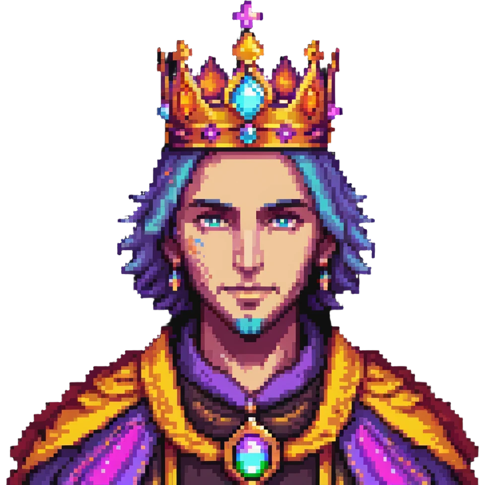 powerful human mage with detailed face and crown, surrounded by vibrant colorful aura emoji