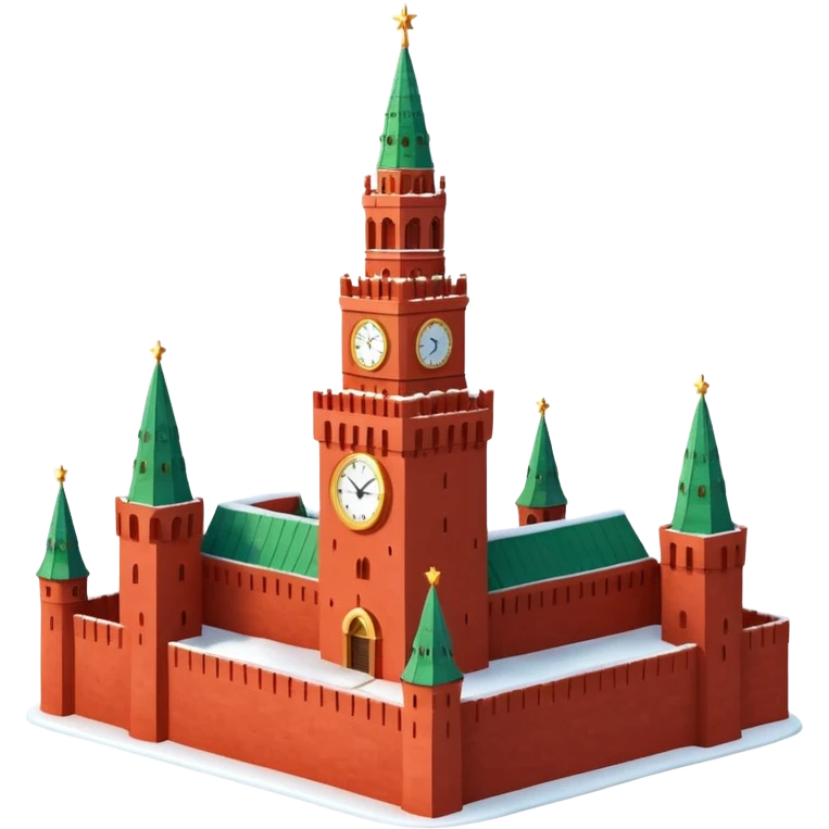 Apple iOS style emoji of the Moscow Kremlin Spasskaya Tower, winter
New Year edition. Red brick texture, snowy roof, golden clock face. Small festive garland with glowing lights wrapped around the tower. Bright red glowing star on top. 3D isometric  emoji