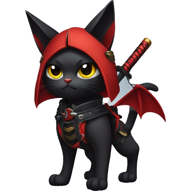 Cool Edgy Evil Samurai Litten-Nargacuga-Cat with black bat-wing-ears with a red harness full body emoji