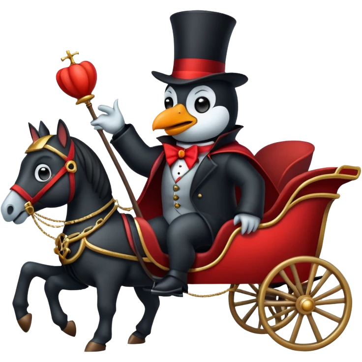 A penguin dressed as dracula riding a 3 horse carriage emoji