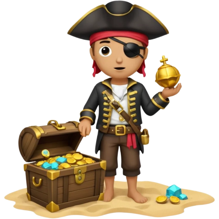 A 3D cartoon pirate with one eye covered by a black eye patch, holding a treasure chest of gold, wearing a hat, standing on sand, Memoji-style. emoji