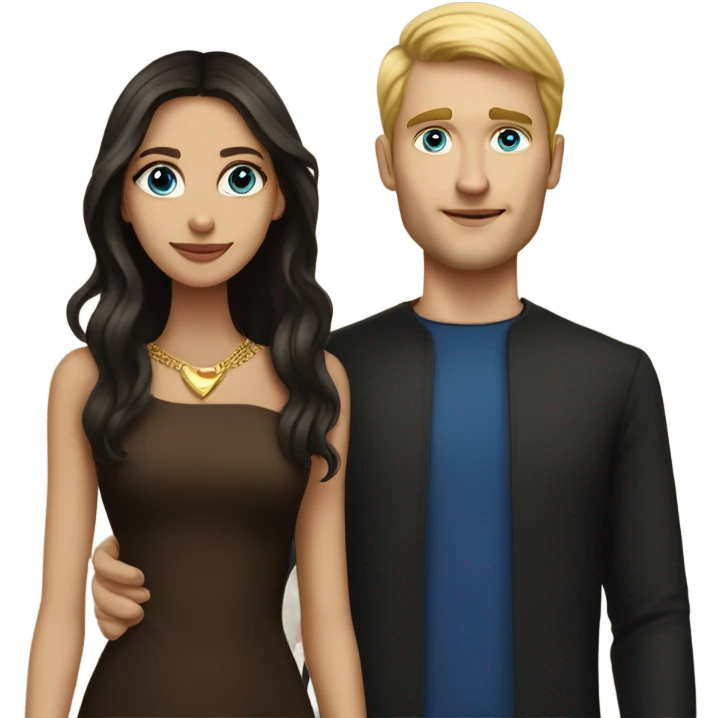 Beautiful skinny woman long dark brown hair in dark dress with gold earrings and blond man with blue eyes with book emoji