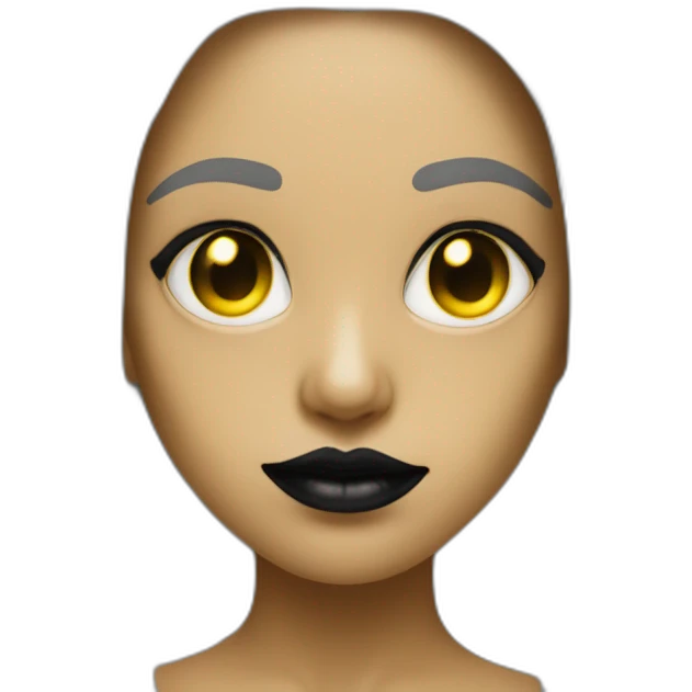 Create creature similar to human with red skin, black long hair, yellow eyes (black white of the eye), in black lather dress, black lips emoji