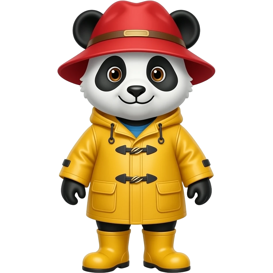Panda with Paddington raincoat and rain boots with poddington red hat emoji