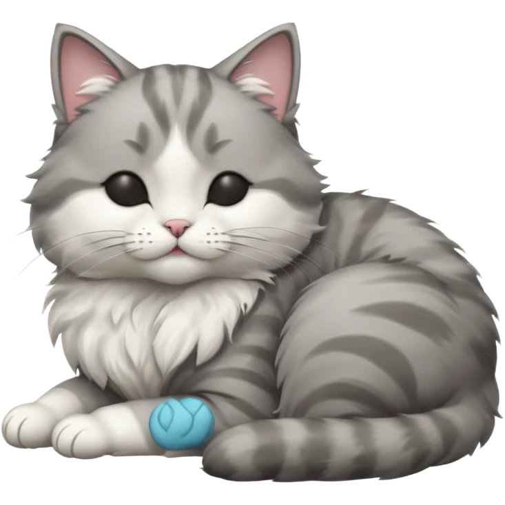 grey and white small cat with eyes closed lying down with its head resting own paw emoji