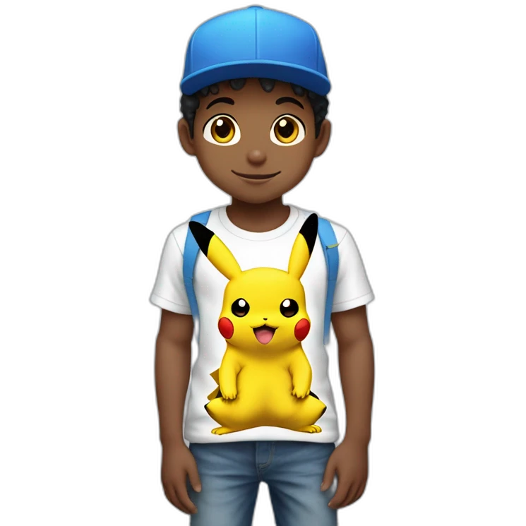 Niño negro Pikachu con camiseta azul claro gorra blanca emoji