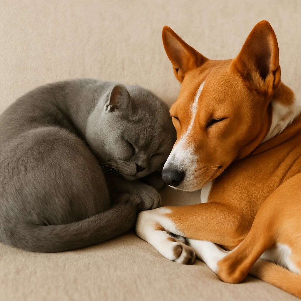 A gray British Shorthair cat curled up and sleeping next to a red Basenji dog emoji