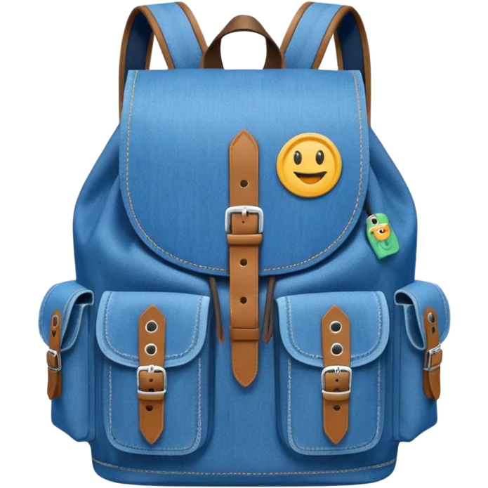 An emoji-style blue denim backpack with a flap top and two small buckle straps attached only on the flap, not connected to the front panel. No front pockets or vertical straps below the flap. Clean and minimal design with two side pockets. Cartoon icon, front view.



 emoji