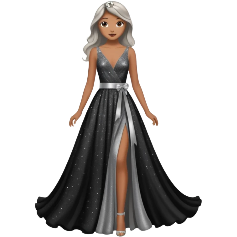 black glittery prom dress with silver sash  emoji