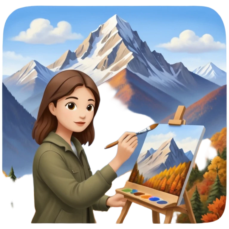 Artist painting a beautiful autumn mountain peak destination on canvas emoji