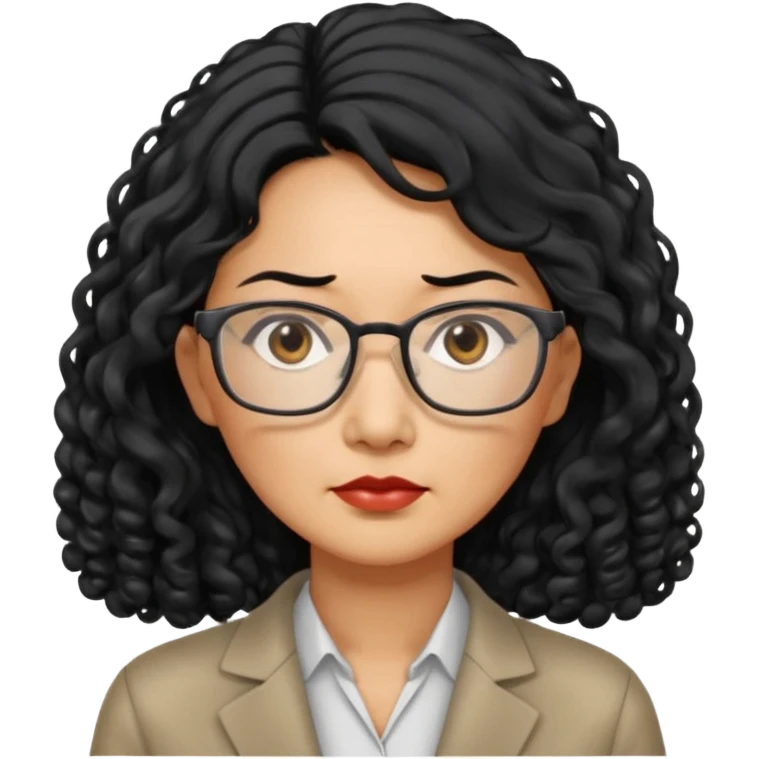 middle-aged Asian woman, long curly hair, small rectangular metal glasses, serious expression, manager emoji