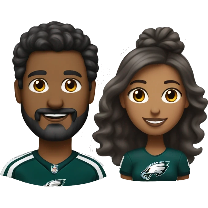 Brown skin couple in Philadelphia Eagles clothing guy has a beard and mustache girl has her hair in a bun  emoji