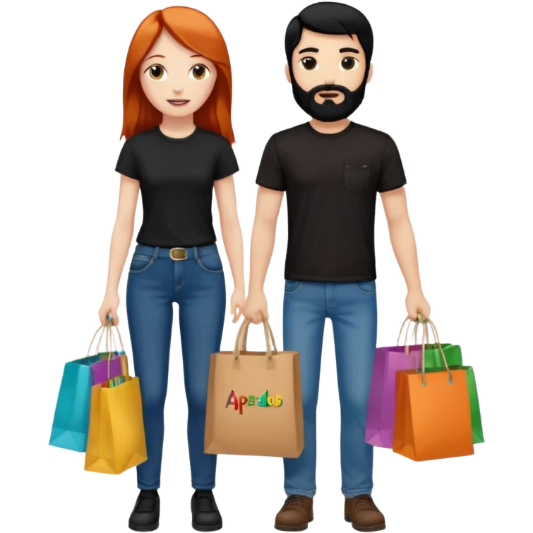 Chica blanca con cabello cobrizo largo y chico con cabello y barba negra los dos de contextura media los dos vestidos de jeans y camiseta negra con bolsas de compras de colores con letrero que diga apartado emoji