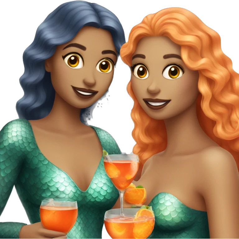 Three beautiful mermaids (light skin) drinking aperol emoji