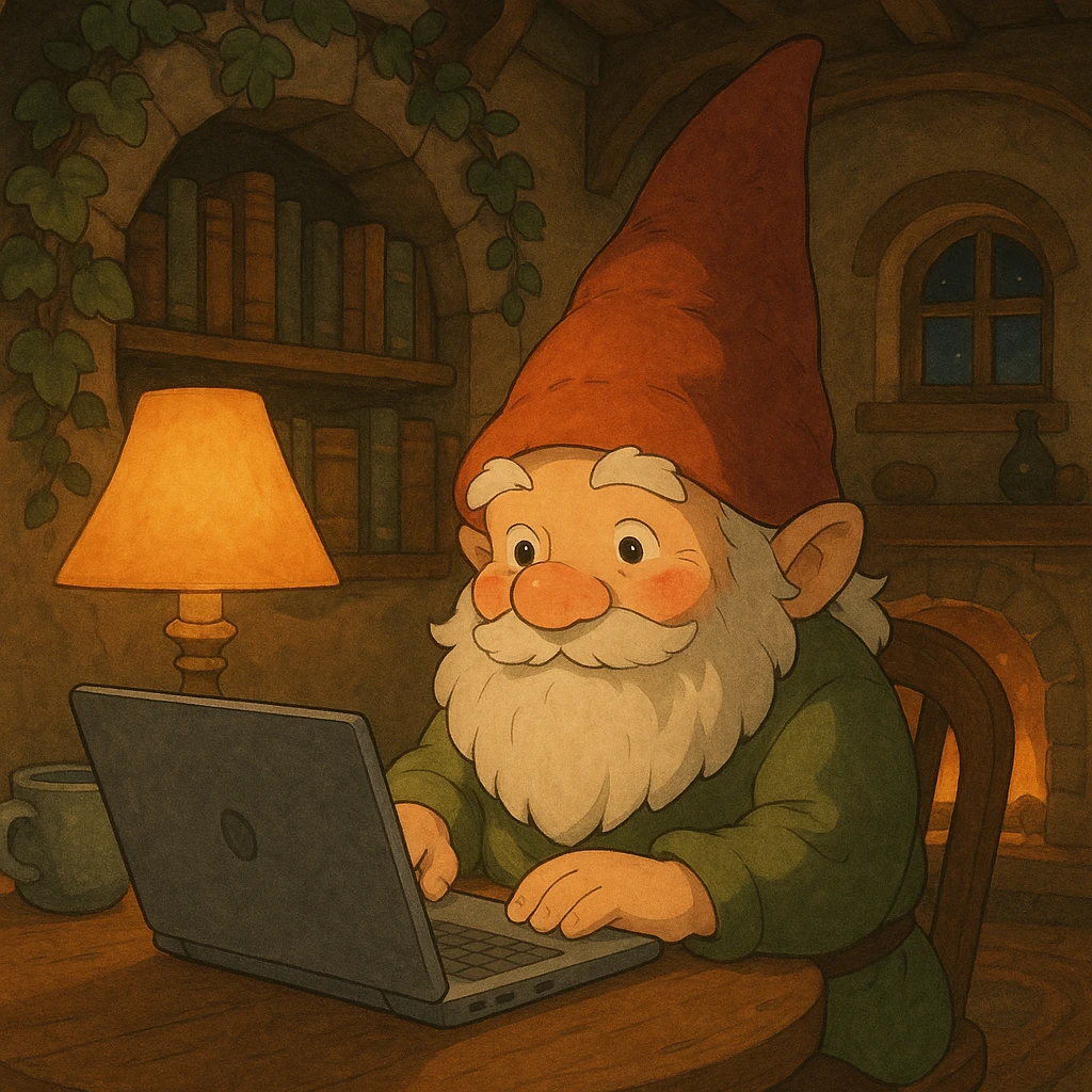 a gnome at a laptop, with a cozy, fantasy-inspired setting emoji